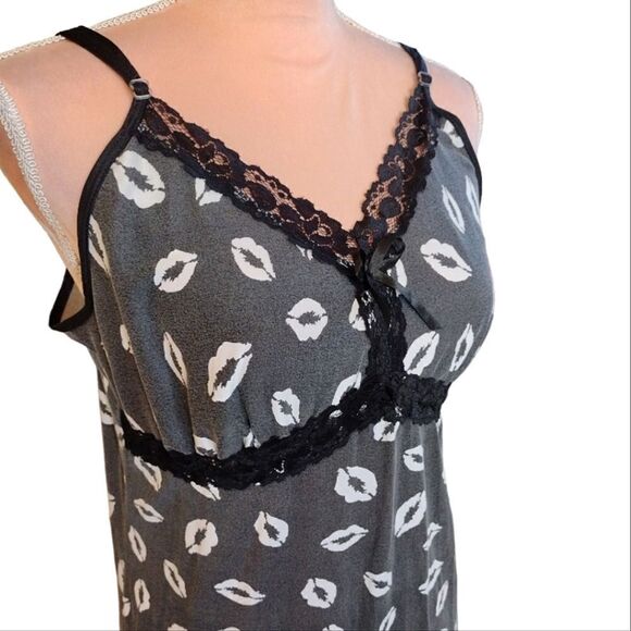 Y2K Black White Lip Prints Lace Trimmed Mini Slip Chemise Large - Picture 6 of 11